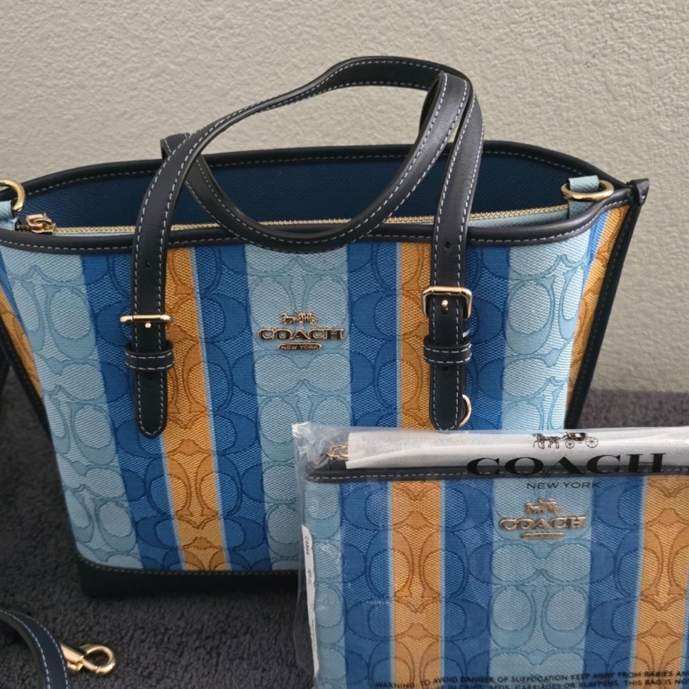 NWT COACH C4086 Mollie 25 Jacquard Stripe Crossbody Tote w/Large Wristlet